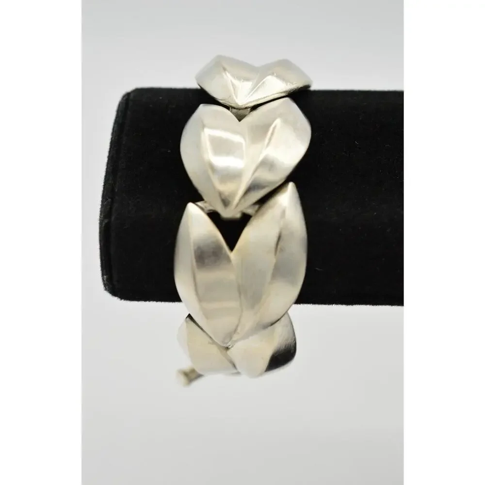 Givenchy Vintage Chunky Bracelet Brushed Silver Leaf Matte Signed 80s 1980s Bin2